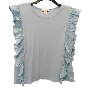 Calligraphie Sleeveless Ruffle Trim Top Light Blue XL